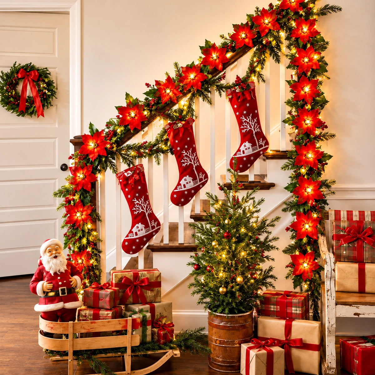 🔥50% OFF🎄LED Poinsettia Christmas Wreath – A Festive Welcome with a Warm Holiday Glow✨