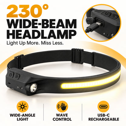 🔥Last Day Sale! 50% Off!🔥230° Wide-Beam Rechargeable Headlamp — Hands-Free Motion Sensor Control