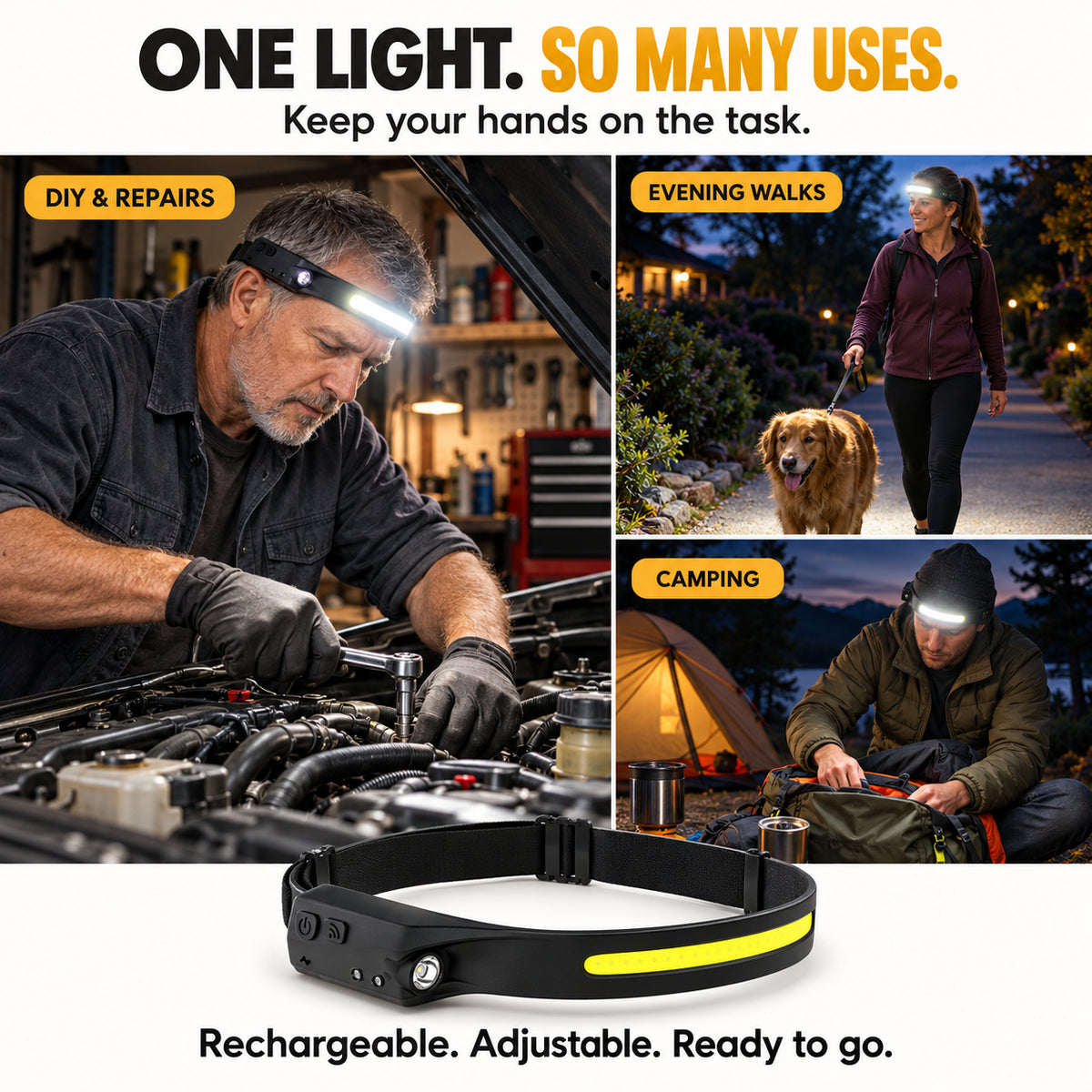 🔥Last Day Sale! 50% Off!🔥230° Wide-Beam Rechargeable Headlamp — Hands-Free Motion Sensor Control