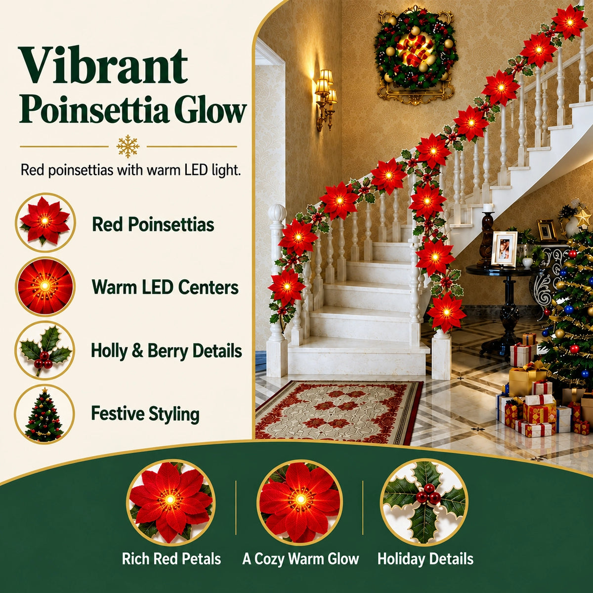 🔥50% OFF🎄LED Poinsettia Christmas Wreath – A Festive Welcome with a Warm Holiday Glow✨