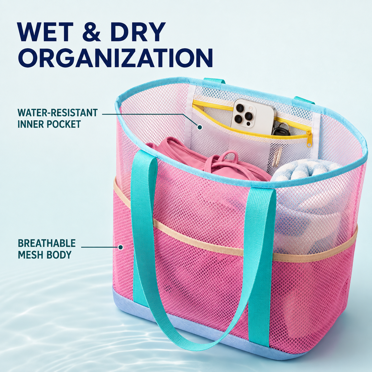 Large Capacity Mesh Swim Tote Bag with Wet &amp; Dry Storage