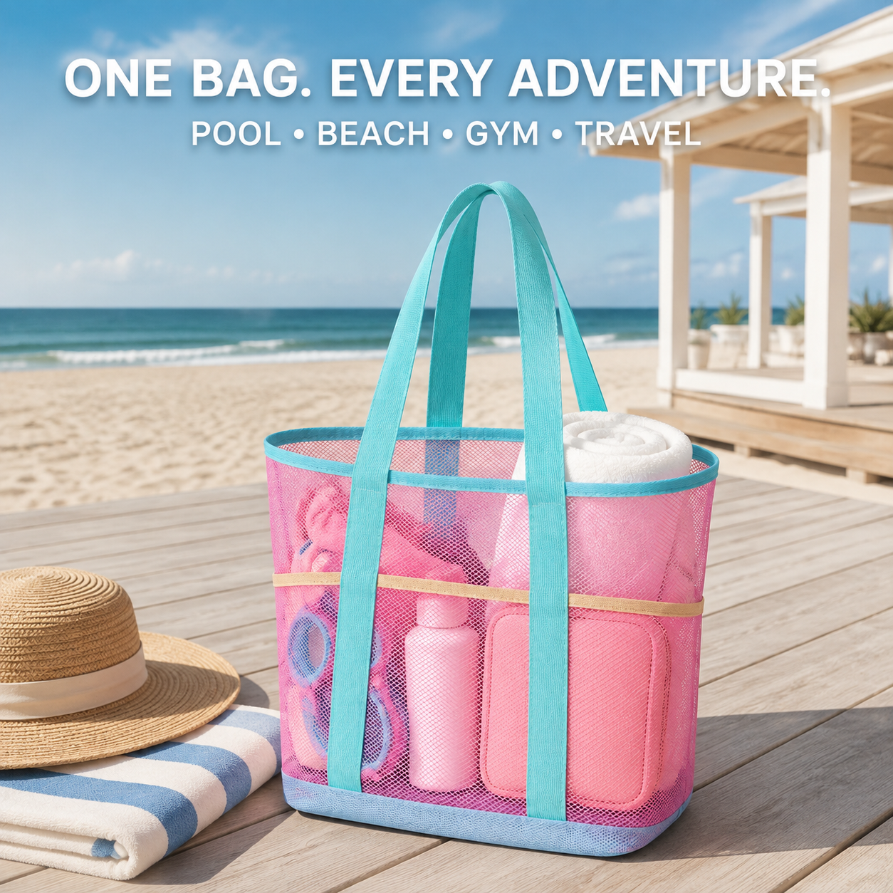 Large Capacity Mesh Swim Tote Bag with Wet &amp; Dry Storage