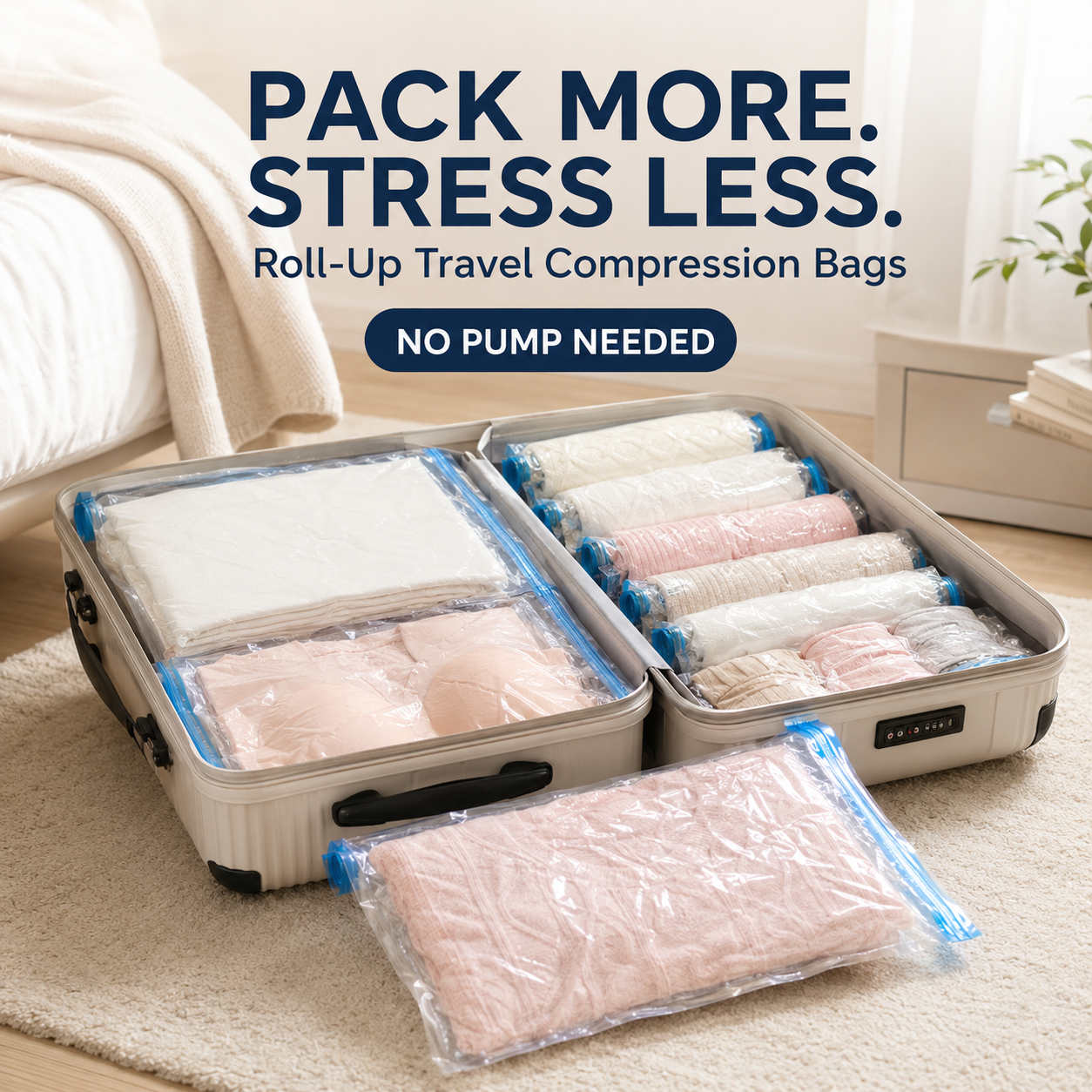 Roll-Up Travel Compression Bags - No Pump Needed