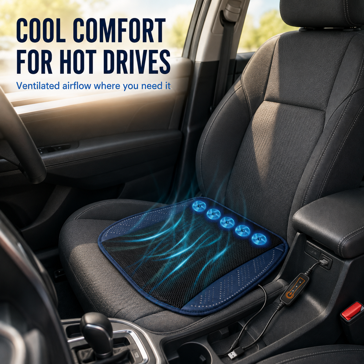 USB Ventilated Cooling Car Seat Cushion with 3-Speed Airflow