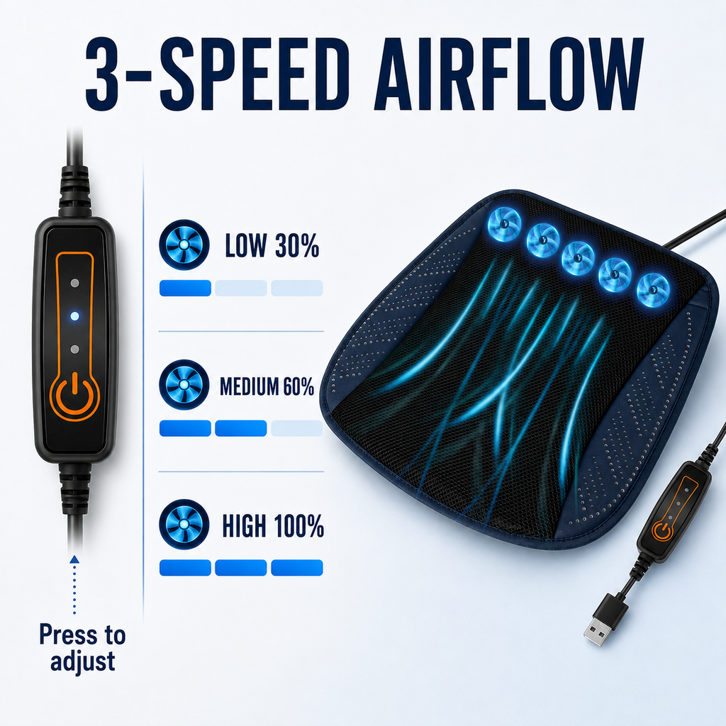 USB Ventilated Cooling Car Seat Cushion with 3-Speed Airflow