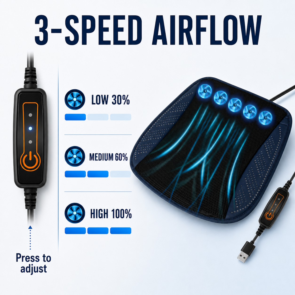 USB Ventilated Cooling Car Seat Cushion with 3-Speed Airflow
